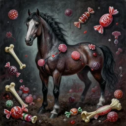 traditional painting of a terrifying evil candy themed horse, surrounded by different kinds of candy and bones, evil candy mare, extremely scary, extremely detailed!!!, dark themes, dim lighting, gothic style