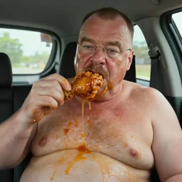 walter white mukbang inside car, youtube video screencap, GREASY!!!!! 'dripping grease'!!!! messy, gross!! eating fried chicken, greasy face stuffed with chicken, double chin, real, fat, detailed, 4k