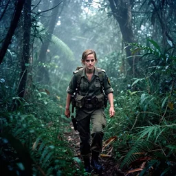 film still, mid view, emma watson soldier hiking through dense vietnam jungle, mist, film still from apocalypse now ( 1 9 7 9 ), 2 6 mm, kodak ektachrome, blue tint expired film,