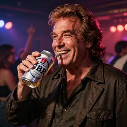 jerry lewis drinking pbr at a dance club, big smile, realistic