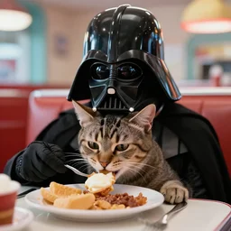 closeup photo of darth vader's cat eating breakfast in a retro diner, 4k