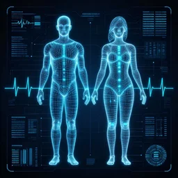sensors polygon, sensors, dashboard, heart beat, high detail, precise lines, angular, vector, biometric sensors, technical diagram, human wireframe, male and female, wearables, glowing, future