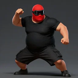 a short stocky buff guy in a plain black t shirt and cargo shorts wearing a red ski mask over his face with black ski goggles, as a superhero in an action pose, cover art in the style of artgerm