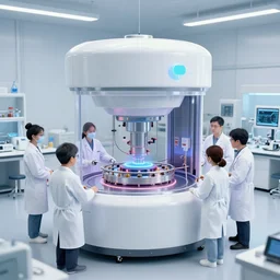 teleportation machine in a laboratory, with scientists working on it and studying it, the machine is a large metal contraption with a bright light in the center by keith parkinson and yuumei, style of kai fine art