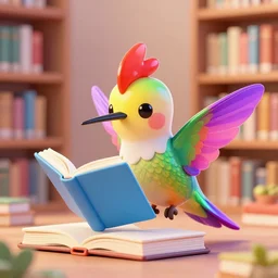 A cute adorable hummingbird phoenix reading a book in a library | Detailed | HD | Digital Art | 2018 | Modern | DC | Color | Glossy | 3D | Raytraced | Award Winning |  Artstation | Trending | Viral | Colorful | Amazing | Cute | Artistic | Soft Lighting | Cell Shader
