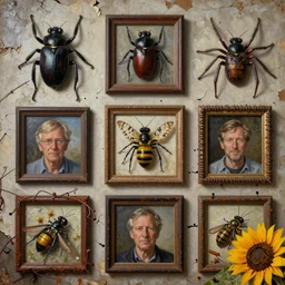 familly photo portraits in picture frames on a wall, strange giant insects, beetles, spiders, butterflies, moths, wasps, bees, maggots, locusts and flies, oil painting by max ernst and anselm kiefer, decay, mixed media, textured, sharp focus, highly detailed, photographic emulsion cracked and peeling, rust, wire, sunflowers, nails, cinematic lighting, 8 k, hd