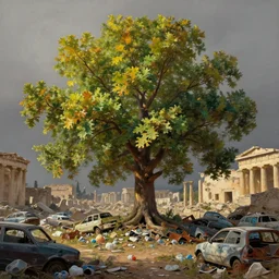 oak tree growing in the ruins of an ancient city, many scrap cars, plastic waste, metal waste, ancient greek ruins, rubble, gray dull background, vibrant colorful green leaves, hyperrealistic, highly detailed, cinematic, single ray of golden sunlight, beautiful, cgssociety, artstation, oil painting by greg rutkowski, by artgerm, by wlop