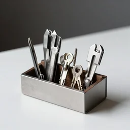 industrial design studio photograph, minimalist ultra modern multi tool and key organizer, made from steel and walnut