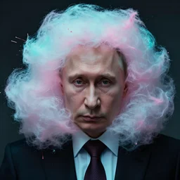 dramatic lighting photo of a beautiful vladimir putin with cotton candy hair. paint splashes. moody and melancholy. with a little bit of cyan and pink