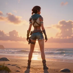 a full body photo of aloy from horizon new dawn, at beach, using shorts high definition, sunset