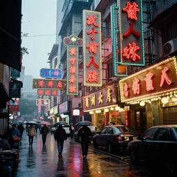 a street lined with chinese casinos and nightclubs, bathing in lighting from neon signs, rainy afternoon, 1 9 9 5