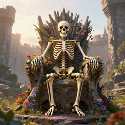 a human skeleton full of flowers sitting in a destroyed and ruined throne in a ruined castle at sunrise, concept art, octane render, unreal engine 5, trending on Artstation, high quality, 8K, soft lighting, trending on DeviantArt, highly detailed, digital art, hyperrealistic, path traced, godrays, complementary colors, natural lighting, anatomically correct, five fingers