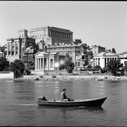 movie still of a man on a small boat on a river with vertical ancient city backround, cinestill 8 0 0 t 3 5 mm, black and white, heavy grain, high quality, ultra wide lens, high detailed, flares, anamorphic, neoclassical architecture, ancient high buildings, classical temples