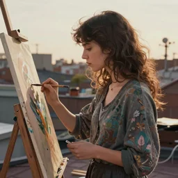 A ultradetailed beautiful panting of a stylish girl painting on a canvas, she is standing on a rooftop, by Ilya Kuvshinov, Greg Rutkowski and Makoto Shinkai