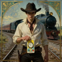 a dramatic ethereal epic symmetrical painting of a handsome villainous cowboy standing in front of railroad tracks with a train locomotive | his shirt is unbuttoned and he has a pocketwatch | tarot card, art deco, art nouveau, (steampunk), homoerotic | by Mark Maggiori ((((and Alphonse Mucha))) | trending on artstation
