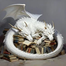 A huge white dragon sleeping on a hoard of books, by Frank Frazetta. Trending on Artstation. HQ