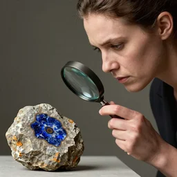 Performance art. a woman holding a magnifying glass and a rock with a fossil in it. She is looking down at the fossil in concentration. alamy, lapis lazuli by Frank Frazetta, by Edward Robert Hughes tired