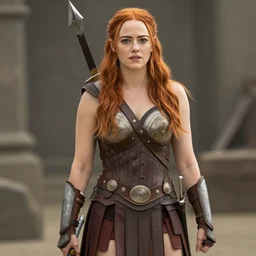 full photo of emma stone as an amazon warrior with weapons