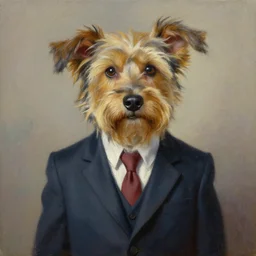 a crazy dog in a suit, oil painting