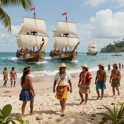 highly detailed spanish conquerors in 1 4 9 0 filled with spanish ships on the shore of the beach, ecuadorian amazon, man walking, indians in traditional wear, surreal, beautiful, hyper realistic, trending on artstation, 8 k, hd
