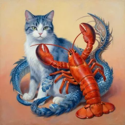 painting of hybrid between cat & lobster & dragon, intercrossed animal, by zdzislaw beksinski, by lewis jones, by mattias adolfsson, cold hue's, warm tone gradient background, concept art, beautiful composition, digital painting