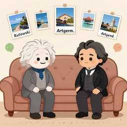 a cute funny illustration of einstein and beethoven sitting down on the couch and looking at their vacation photos by greg rutkowski and cyril rolando and asher durand, trending on artstation, artgerm, charlie bowater, symmetrical, masterpiece