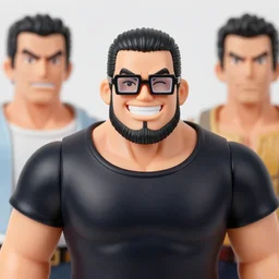 plastic action figure of a buff smiling man with long stubble, muscular neck, rectangular square shaped glasses and a black bowl cut, wearing a black tshirt by kim jung gi, ric estrada, ron english and eiichiro oda