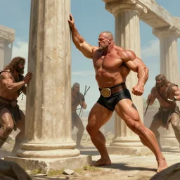 The seasoned bodybuilder knocking down the columns of the Philistines , Greg rutkowski, Trending artstation, cinematográfica, digital Art