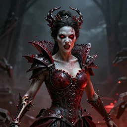 enraged queen of blood, red eyes, skeletal, particle effects, realistic, highly detailed, cinematic