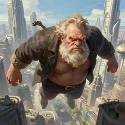 huge ugly old man flying over futuristic city highly detailed, digital painting, artstation, concept art, smooth, sharp focus, illustration, cinematic lighting, art by artgerm and greg rutkowski and alphonse mucha