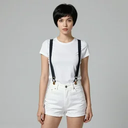 woman with black hair pixie cut in shorts with suspenders and white t-shirt drawn by Alexandre Cabanel, norman rockwell, peter paul rubens, caravaggio, frank frazetta, alphonse mucha, gustav klimt 4k, unreal 5, DAZ, french noveau, trending on artstation, octane render, hyperrealistic