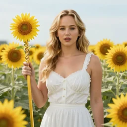 Jennifer Lawrence in a field of sunflower holding a magic staff