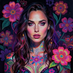 portrait of gal gadot, hyper detailed masterpiece, neon floral pattern, jean giraud, digital art painting, darkwave goth aesthetic, psychedelic, artgerm, donato giancola and tom bagshaw