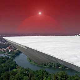 colossal platform of white marble with a tilted part on which river flow and forest grow, the platform hangs in an empty space, view from afar, whole construction is covered by a reddish dome of an artificial atmosphere and illuminated by a compact artificial star, on the platform are cities and settlements, theo prins