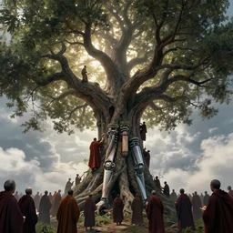 biomechanical arms and legs growing out of a tree, intricate details, finger branches, backlit, clouds, a crowd of robed worshipers, people climbing the tree, concept art, by greg rutkowski
