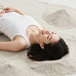a photograph of a happy woman lying down on her back. she is surrounded by piles and piles of sheets of paper. the papers have art by artgerm and greg rutkowski and on them.