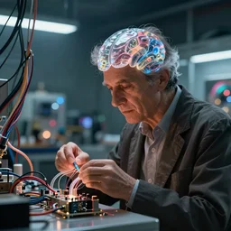 handsome man building a futuristic artificial Ai glass led brain wires and cables and circuitry laboratory natural lighting by Emmanuel Lubezki