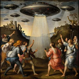 a a lot of UFOs attacking people , Renaissance painting  style