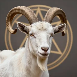detailed portrait of vladimir putin in the form of a goat with detailed big horns, with a pentagram on the background