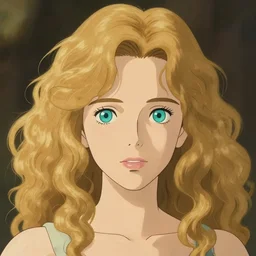 young woman with medium - length, curly, golden hair, aquamarine eyes, natural lighting, path traced, highly detailed, high quality, cartoon, digital painting, by new haicheng and ross tran and studio ghibli and alphonse mucha