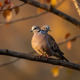 a dove sitting on a branch in autumn, sunset