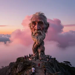at the top of the mountain, the sunset, above all the people is a huge huge ego, in the form of a twisted old man. thick pink clouds.