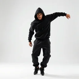 hooded breakdancer frozen mid-move, photorealistic portrait photography, full body, standing, isolated on a pure white background, centered, whole figure in frame, sharp focus, studio lighting