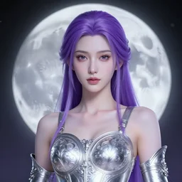 portrait of oracle of the moon, silver filigree armor, purple hair, transluscent skin, beautiful, by brian froud, strong line, high contrast, muted color