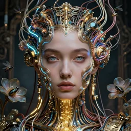 very beautiful woman integrating with technology, full face frontal centered, portrait, insipiring, detailed intricate ornate neon pulsating cables connected to head, very detailed eyes, luxurious detailed abundent wiring and implants, gold optical fiber, renaissance, sci - fi, detailed technology background with cyber flowers and insects, dramatic lighting, photography, highly detailed, artstation, 8 k,