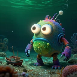 detailed effervescent underwater ocean scene, a close up of a funny colourful sea robotic monster creature with large glowing eyes, next to a small shipwreck on the seabed, by maurice sendak, shaun tan made in hyperrealistic 3 d, octane render, dark green colours, sharp focus, 8 k, nighttime