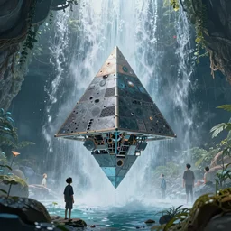 the mysterious pyramid mechanical entity hanging upside down in the dream waterfall wonderland floats in the early air. mysteries, simple by victo ngai, kilian eng and jake parker, anton fadeev, 2 d, overhead lens