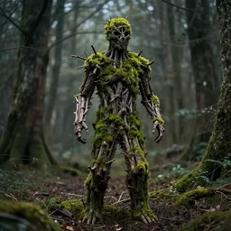 an ominous figure of a man made of tree branches and moss