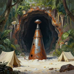 a chrome conical drill visits a rusted cave mouth in the jungle, retrofuturistic, matte oil painting, speleothems, merchant tents, salt dunes, science fantasy, rpg, epic, extremely detailed, sharp focus, 4 k
