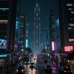 A magnificent dark neon futuristic cyberpunk city bustling street at night made in cinema4d,  masterpiece
